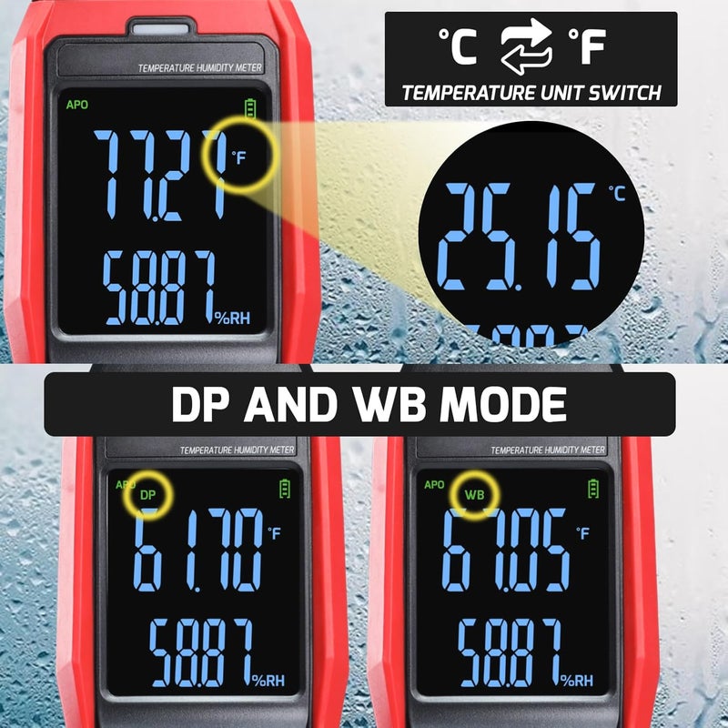DANOPLUS Humidity and Temperature Meter Data Logger Digital Psychrometer HVAC, Wet Bulb Thermometer Record 4000pcs Data and Export, Large LCD Humidity Tester Dew Point Meter with Indicator and Buzzer Alarm - Image 4